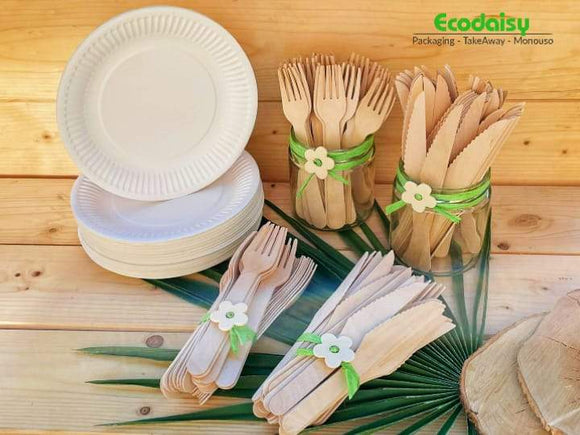 Set piatti di carta biodegradabili posate in legno 