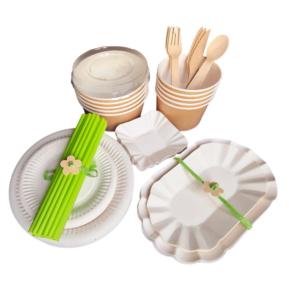 Set piatti di carta per picnic, posate in legno, vaschette per fritti, cannucce biodegradabili
