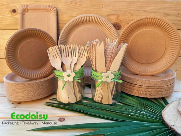 Set piatti di carta kraft biodegradabili posate in legno